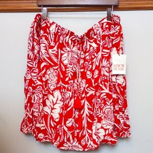 1X Tropical Floral Skirt Knox Rose Red White ♥️ Flowers Palms Birds Pockets Red